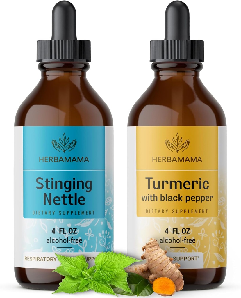 HERBAMAMA Herbal Liquid Drops Kit - Bundle of Stinging Nettle & Turmeric Curcumin Tinctuur 4 fl oz - Vegan, Non-GMO, Sugar & Alcohol-Free - 2 Pack