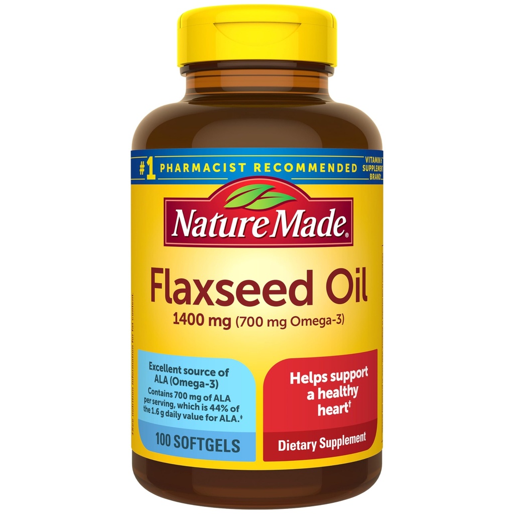 Nature Made Extra Strength Flaxseed Oil 1400 mg, Visvrij Omega 3-supplement, Dieetsupplement voor Hartgezondheidsondersteuning, 100 Softgels, 100 dagen Levering