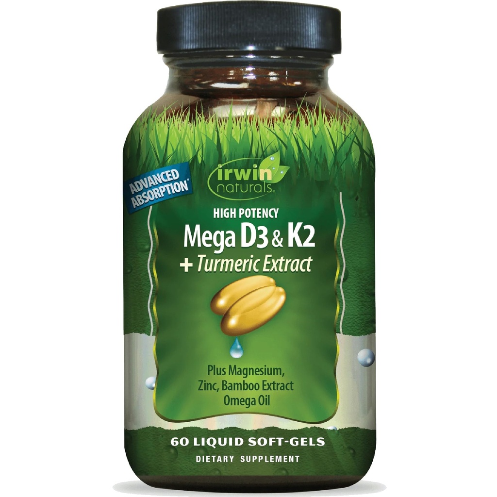 Irwin Naturals High Potency Mega D3 & K2 + Kurkuma Extract - 60 Liquid Softgels - gezonde botten en immuunfunctie