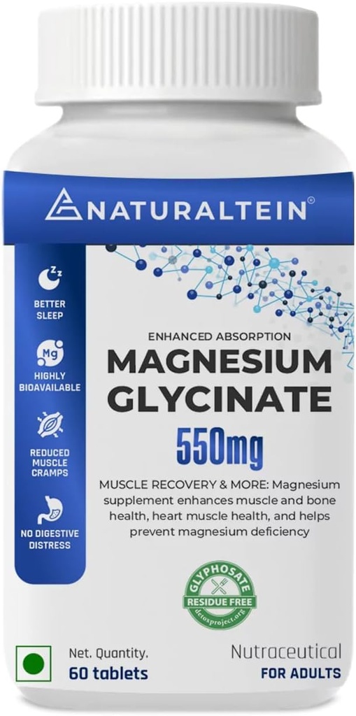 Magnesium Glycinate Supplement - 60 tabletten x 121 mg Elemental Magnesium, 555 mg Eenmaal daags Vrouwen Pure Chelated Bisglycinate voor goede gezondheid en slaap - Getest en vertrouwd voor zware metalen