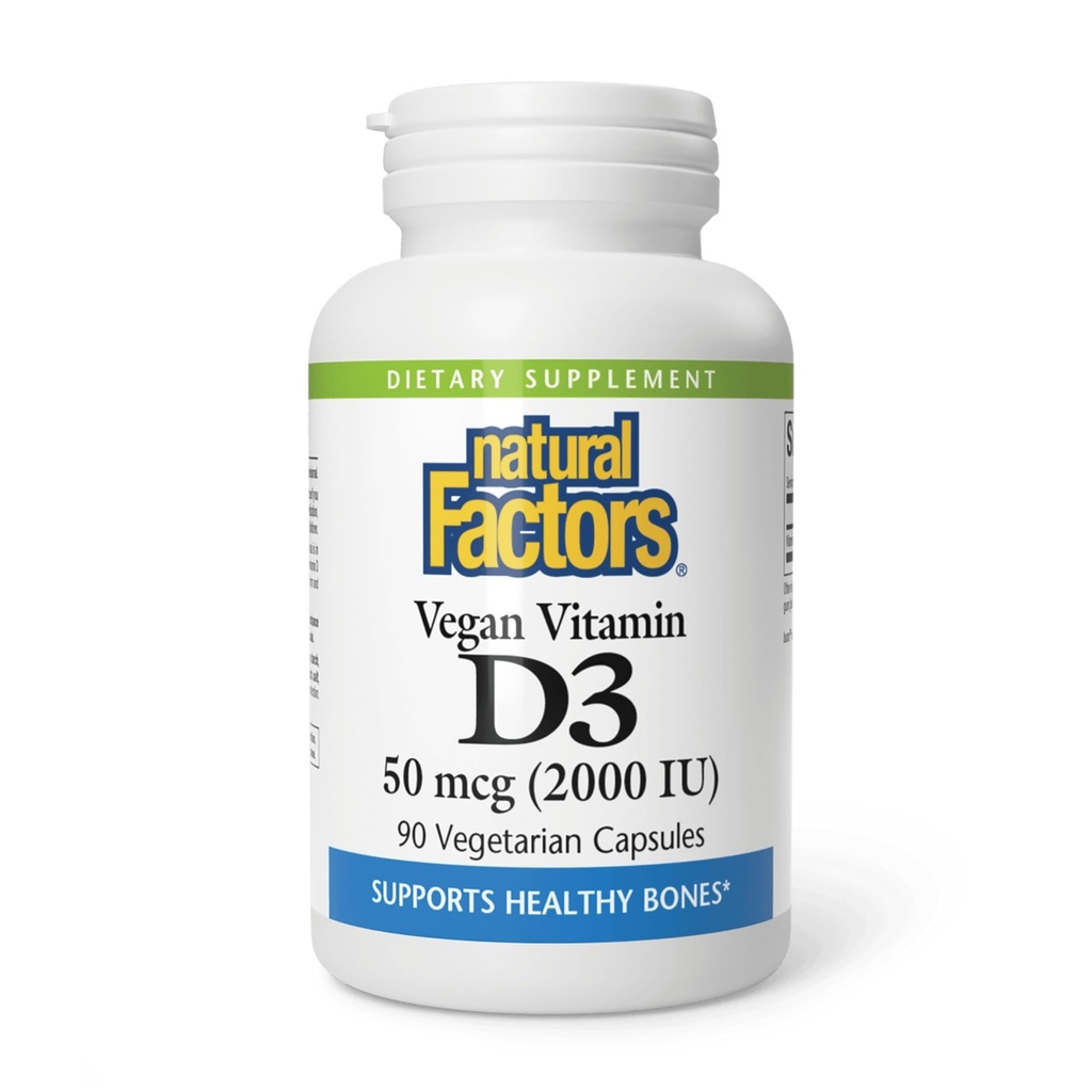 Natuurlijke factoren Vegan Vitamin D3 2000 IE - Ondersteunt Bone & Immune Health - Plant-Based Cholecalciferol - Vegetarische Capsules - 90 Capsules (90 porties)