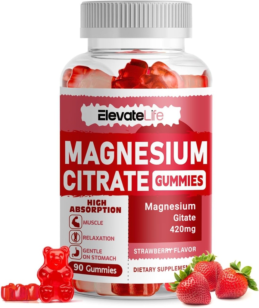 Magnesium Citrate Gummies 420mg per portie - 90 Vegan Gummies - Bevordert gezonde ontspanning, spier, bot, & energie ondersteuning (90 Aardbei Gummies)