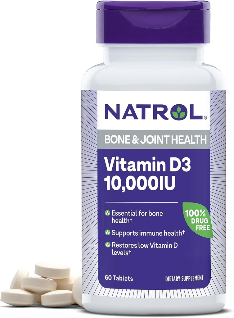 Natrol Vitamine D3 10.000 IE Tabletten, Ondersteuning van uw immuungezondheid, 60 Tellen