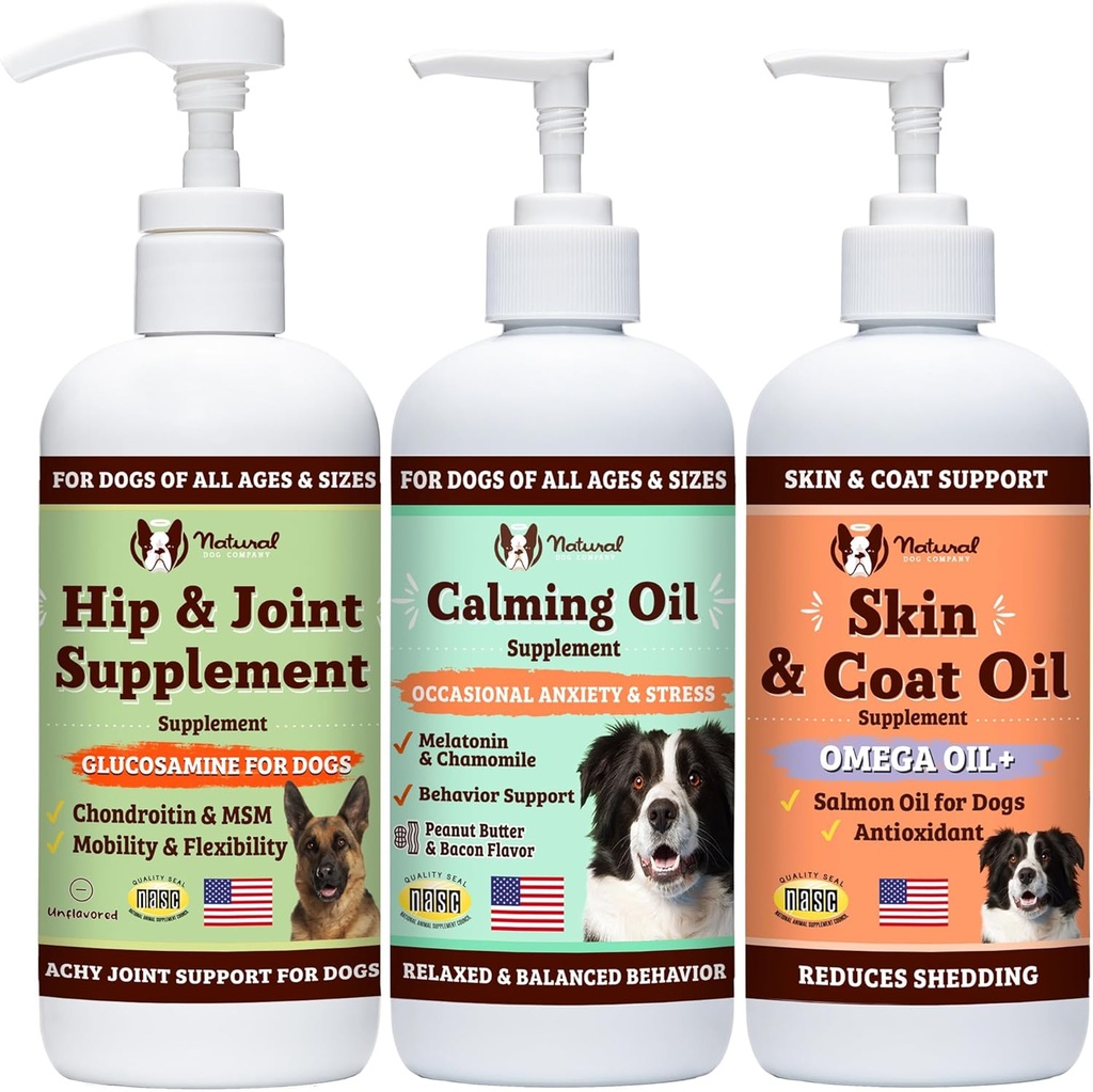 Natural Dog Company Wellness Bund$le voor honden, Food Toppers, vloeibare supplementen met (1) huid- & jasolie, (1) vloeibare Glucosamine, (1) Calming Oil