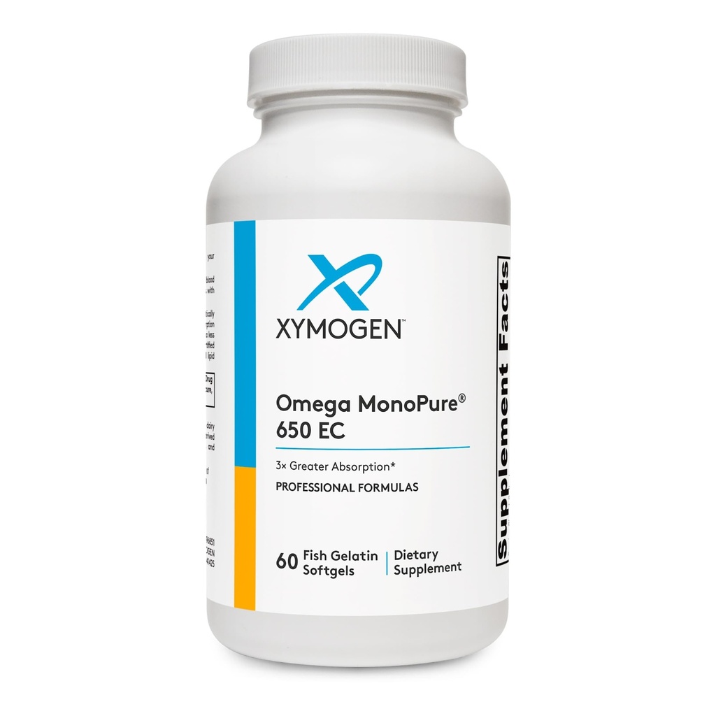 XYMOGEN Omega MonoPure 650 EC - Heart & Brain Support - DHA & EPA Omega-3 Fish Oil - Monoglyceride High Absorption Softgels - Enteric Coated - 60 Softgels