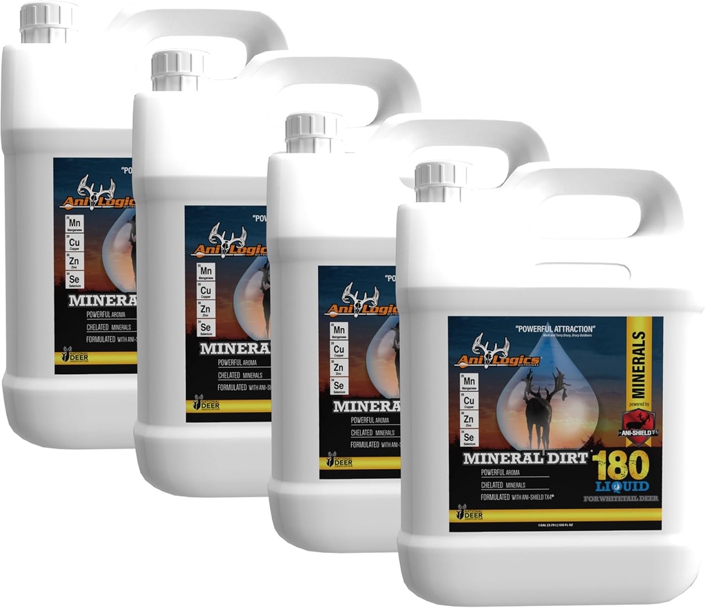 Ani-Logics Outdoors Mineral Dirt 180 Liquid Reer Mineral - Pour-On Attractant voor blokken, Logs, & Stumps - Create Mineral Licks & Support Herd Health - 1 Gallon, 4 Pack