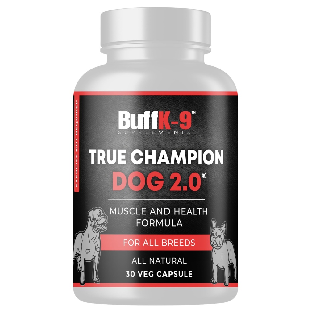 BuffK-9 True Champ 2.0 Muscle Building Supplement voor honden, Canine Ondersteuning Capsules met vitamine B6 B12 Ashwagandha Folaat voor spier, bot en gezamenlijke ondersteuning, 30 Veg capsules