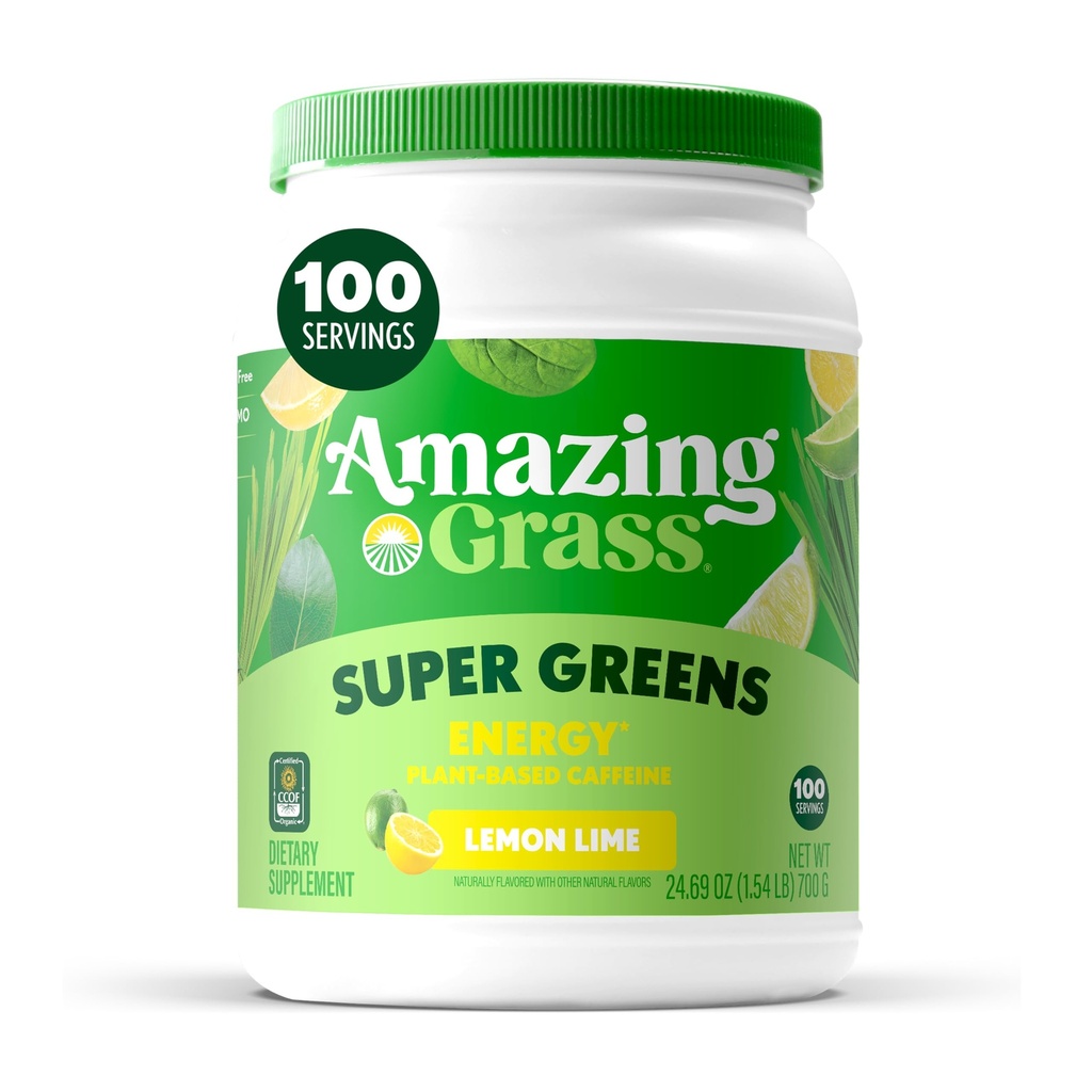 Verbazingwekkend Gras Groen Superfood Energie: Super Greens Poeder & Plant Based Cafeïne met Groene Thee, Beetwortelpoeder & Vlaszaad, Lemon Lime, 100 porties (Verpakking mei Vary)