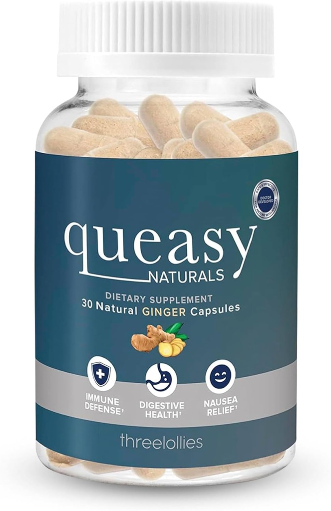 Drie Lollies Queasy Naturals Gember Capsules - Niet-Drowsy Misselijkheid Relief Supplement - Motion Prevention & Misselijkheid Relief Tijdens Chemotherapie - 1000mg Gemberwortel - 30 capsules