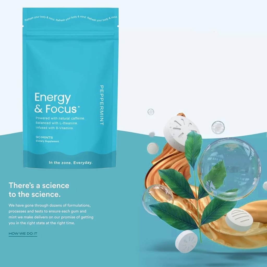 Energie Cafeïnemunt (90), suikervrij, veganistisch, glutenvrij, pepermunt. Boosts Focus, Endurance with L-Theanine, Cafeine, B12 & B6. Fast Acting, Pocket-Sized for Quick Energy.