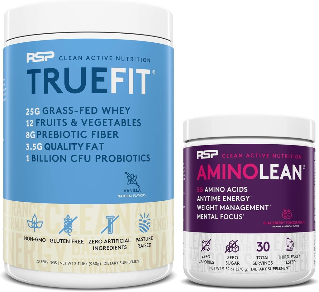 RSP NUTRITION AminoLean Pre Workout Energy (BlackBerry Pomegranate 30 Servings) with TrueFit Protein Powder (Vanilla 2 LB)