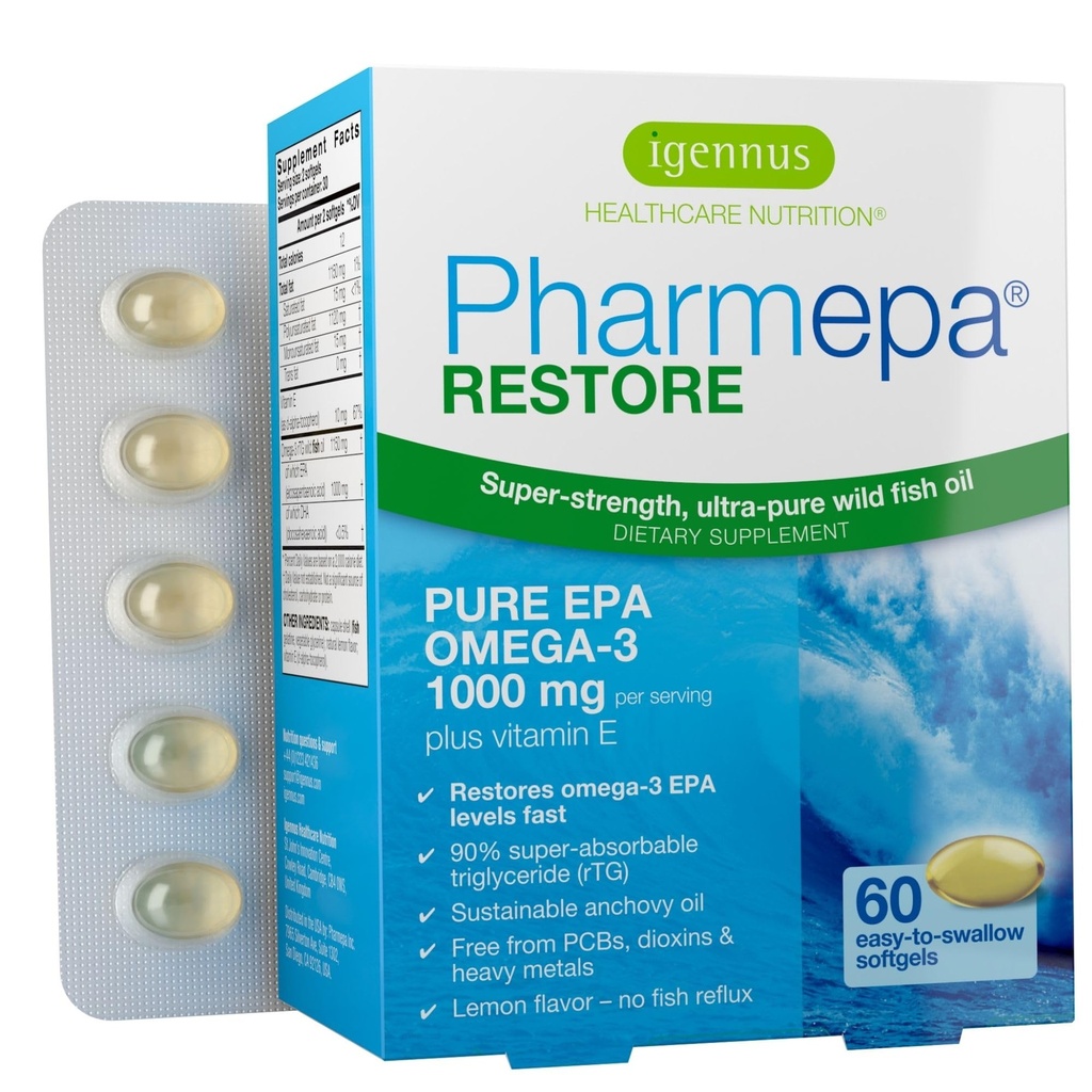 Igennus Pharmepa Restore, Pure EPA 1000mg, Omega 3 rTG Visolie, IFOS Certified, Hoge Absorptie, 90% Concentratie Triple Strength, Wild & Sustainable, Lemon Flavor, 1-maand Supply, 60 Softgels