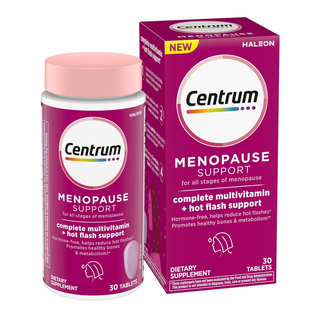 Centrum Complete Multivitamine Supplement + Hot Flash Ondersteuning Menopauze Support Tablets, met klinisch bestudeerde geniVida, 30 Tellen