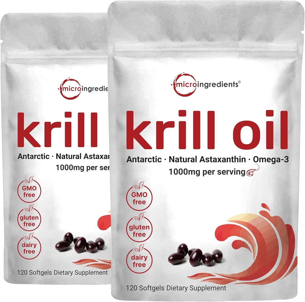 2 Pack Antarctica Krill Oil Supplement, 1000mg Per Serving, 120 Soft-Gels Elk, Rijk aan Omega-3s, EPA, DHA & Astaxanthine, Ondersteunt Brain Health, Premium Krill Oil Capsules Liquid Softgels