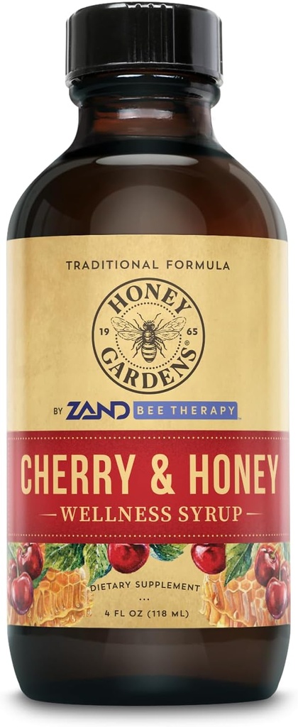 Honey Gardens Cherry & Honey Soothing Throat Syrup, Apitherapy Formula with Organic Raw Honey, Organic Apple Cider Vinegar, Black Cherry, and Herbal Extracts, 24 Servings, 4 FL. OZ.