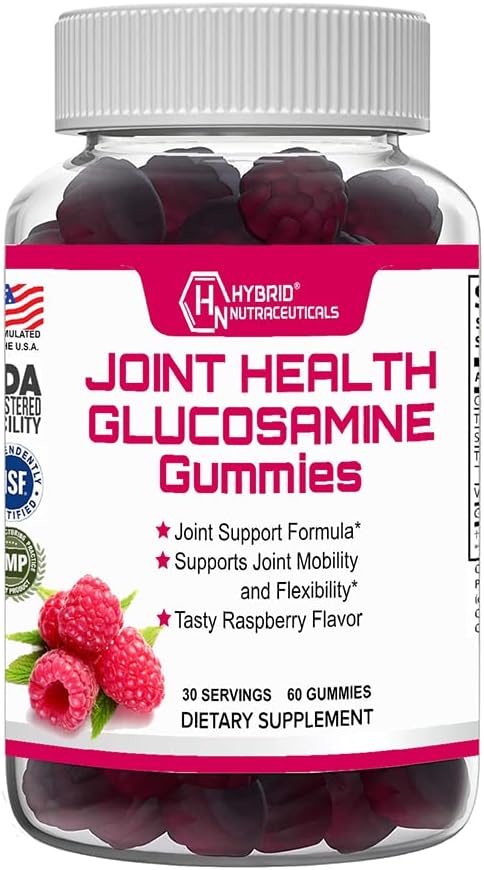 Hybride Nutraceuticals Joint Health Supplement - Glucosamine Gummies met vitamine E - Ondersteuning Joint Mobiliteit en flexibiliteit Ondersteuning Supplement, Raspberry Flavor - 60 Gummies