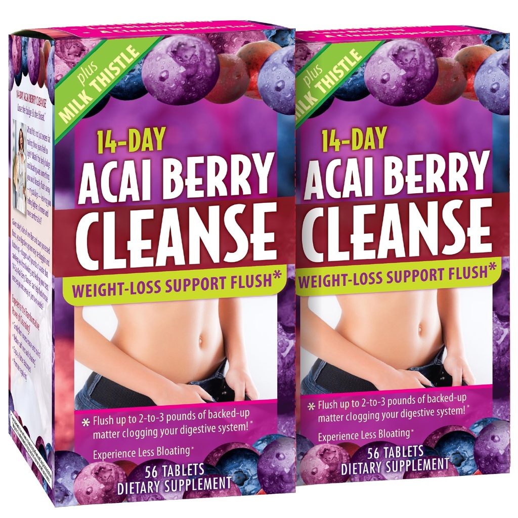Toegepaste voeding 14-Dag Acai Berry Reiniging - 56 tabletten, Verpakking van 2 - Gewicht-Loss Ondersteuning Flush + Melkdistel - 56 Totaal porties