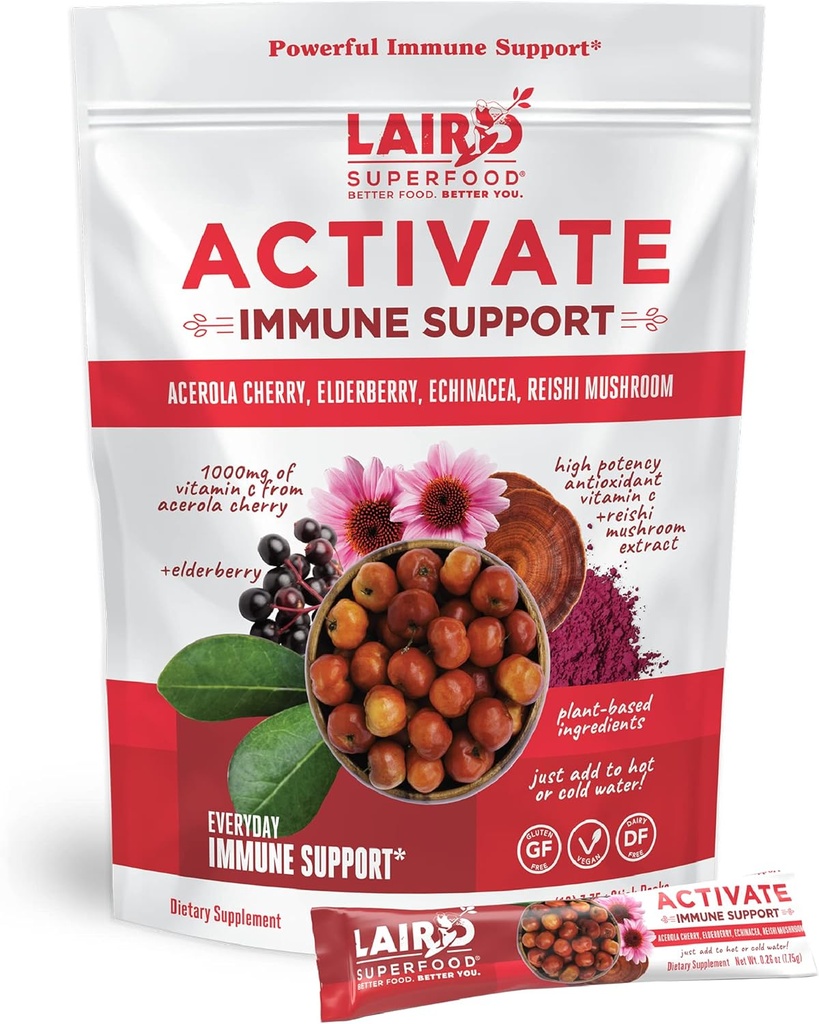 Laird Superfood Activeer Immune Support Powder Drink Supplement, 1000 mg vitamine C van Acerola Cherry, Vlierbes, Echinacea en Reishi Mushroom, 7,75 Gram Stick, Verpakking van 10
