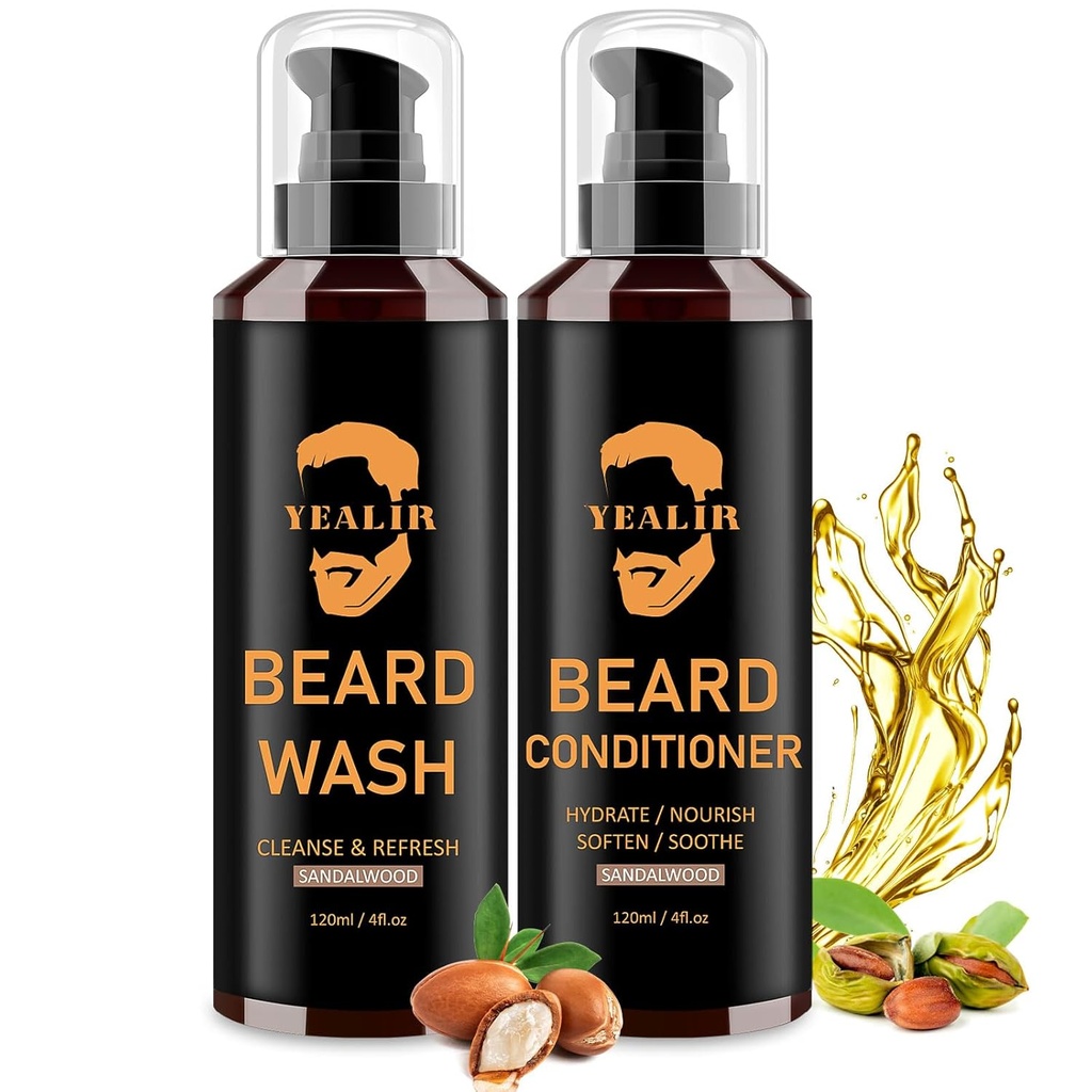Beard Wash & Conditioner voor mannen - Zacht & Hydrate met Argan & Jojoba Oil - Controls Dandruff & Itching for a fresh, smooth & Tangle-Free Baard - 2-Pack (4oz Each)