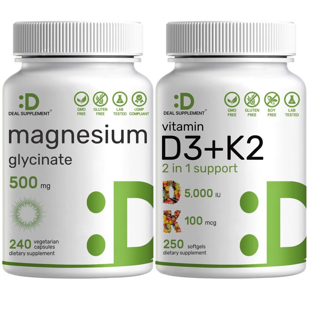 Magnesium Glycinate 500mg Veggie Capsules & Vitamin D3 5.000iu + K2 100mcg Softgels Bundel 