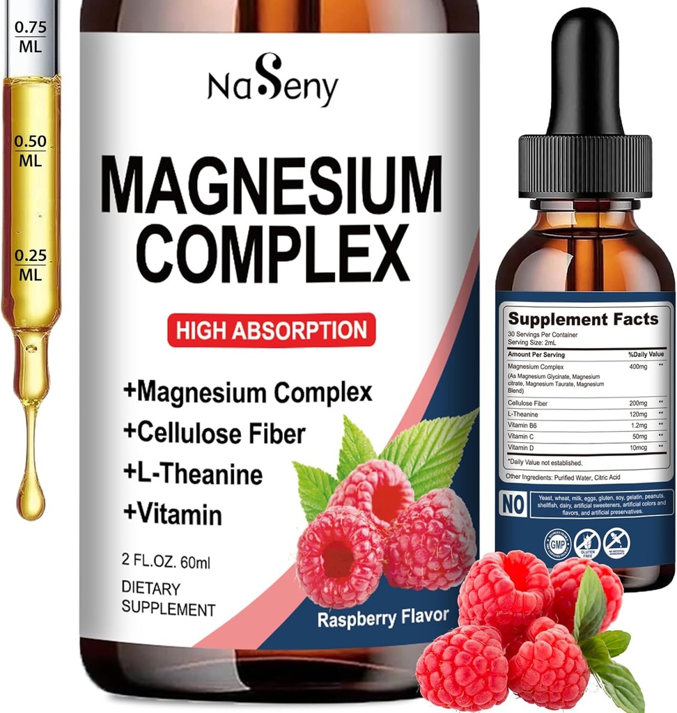 Magnesium Complex Supplement, 400 mg Magnesium Glycinate, Malate & Citraat Vitamine Blend voor vrouwen en mannen, Hoge Absorptie - voor ontspanning, goede slaap & nerve gezondheid (60ML/framboos)