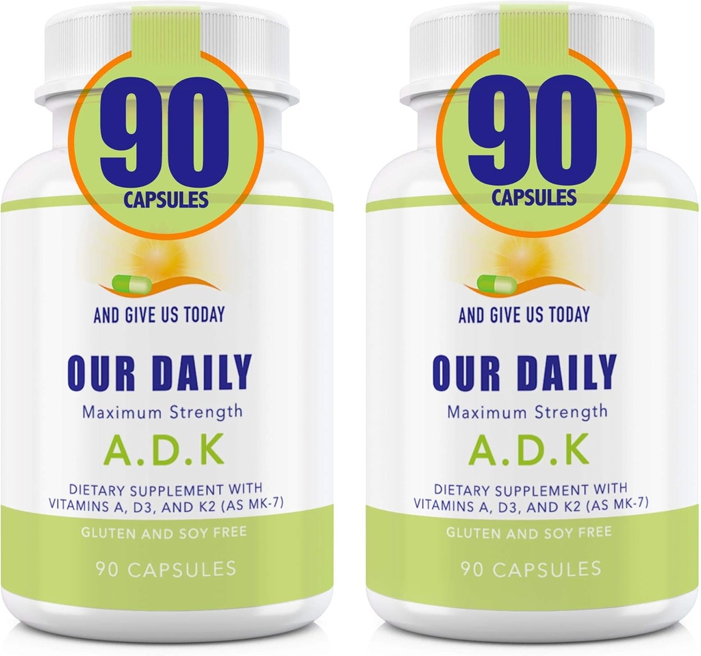 Our Daily Vites ADK Supplement - Vitamine A, D3 & K2 (als MK7) - Bone, Immune System Support - High Potency Vitamines with Non GMO Ingrediënten - Glutenvrije, sojavrije plantaardige Capsules 180 CT
