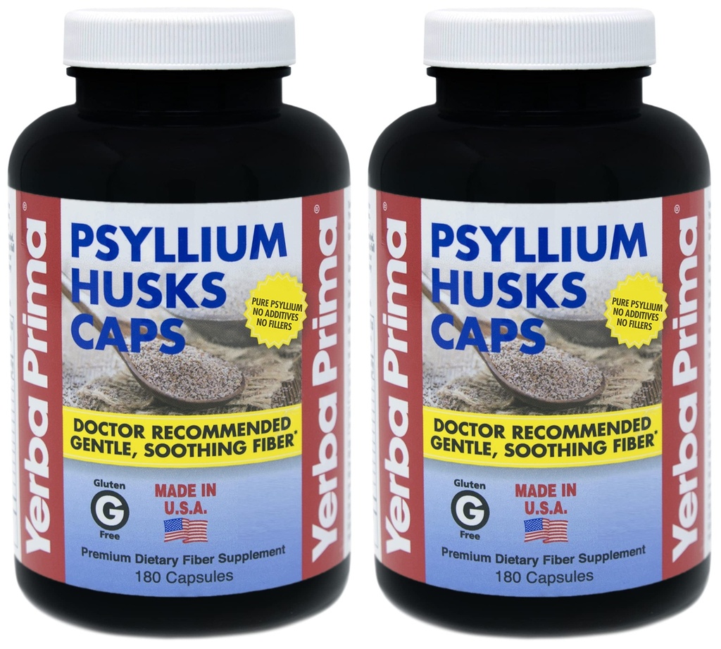 Yerba Prima Psyllium Husk Caps - 180 Capsules (verpakking 2) - Eenvoudig te slikken vezelsupplement - Colon reiniging - Gut Health - Non-GMO Glutenvrij
