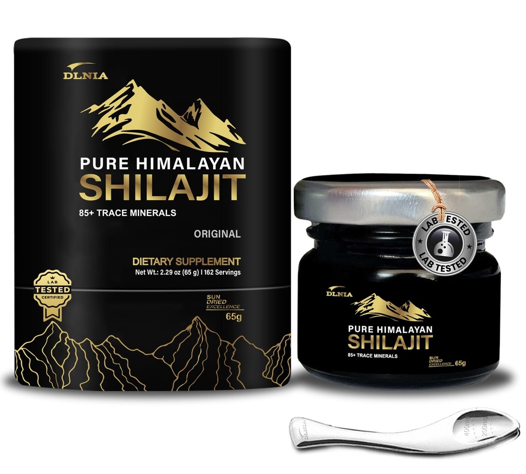 Shilajit Pure Himalaya Biologische Shilajit Resin Supplement- Gold+ Graad met 85+ Trace Minerals met 75% Fulvinezuur, totale energie & Immune Support, Pure Shilajit voor mannen & vrouwen, 65g