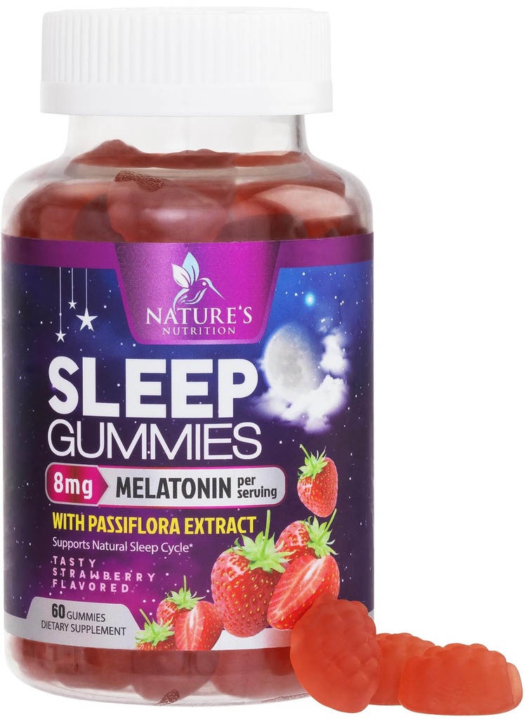 Slaap Gummies voor volwassenen Extra sterkte 8mg - Melatonine met Passiflora Extract voor rustgevende slaap - snelle acting Melatonine Slaap Gummy Supplement, Vegan, Non-GMO, smakelijke aardbeien smaak - 60 Gummies