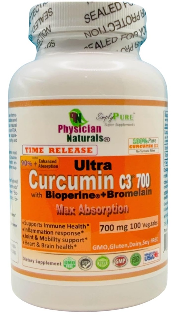 Ultra Curcumin C3 Time Release w Bioperine en Bromelain Time Release 700mg 100 Veg.tabs Max Absorptie