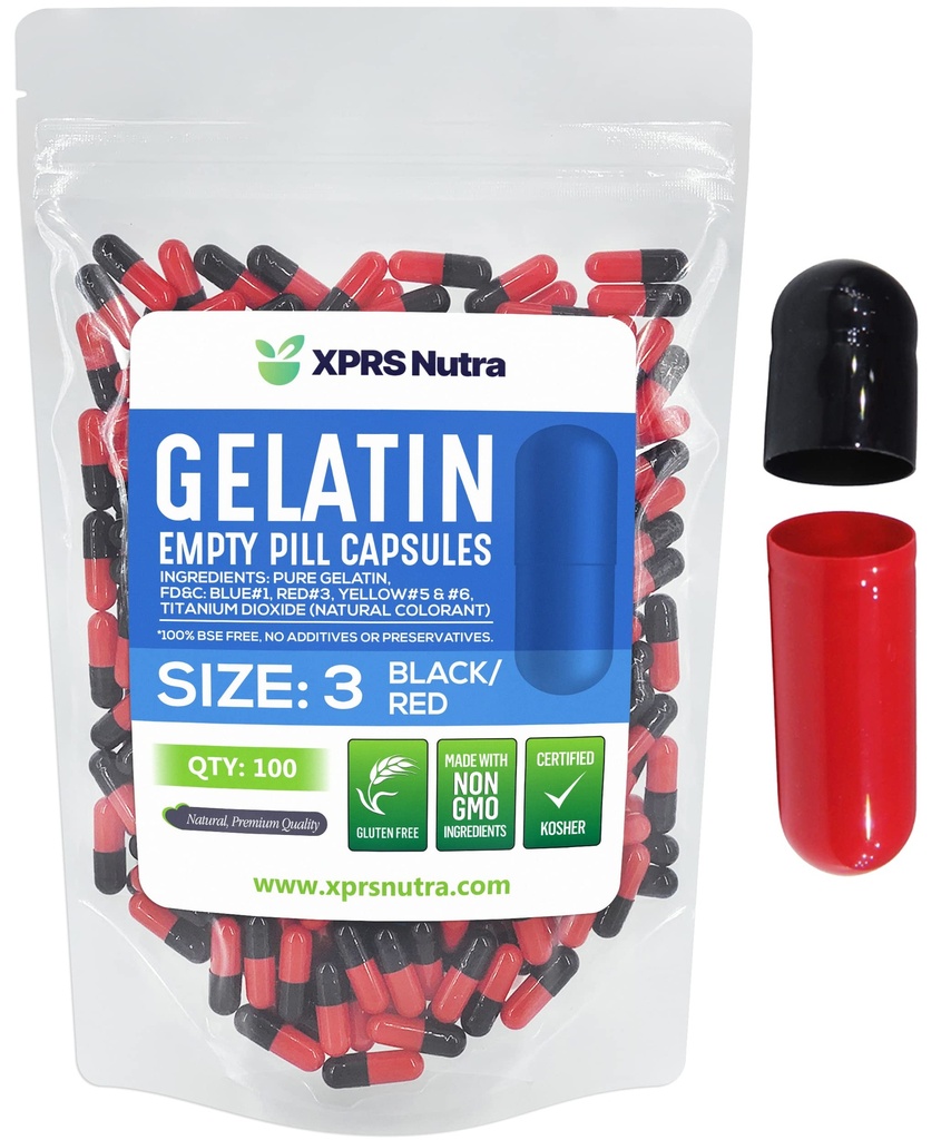 XPRS Nutra Maat 3 Lege Capsules - 100 Telle Lege Gelatine Capsules - Pillen DIY Capsule vullen - Pure Bovine Pill Gel Caps Vulbaar voor Do-It-Yourself Vitaminen en Supplementen (zwart/rood)