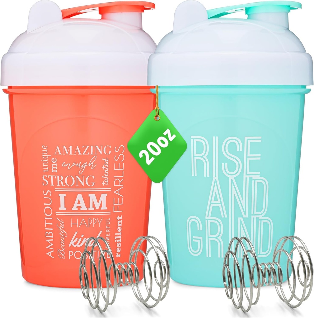 [2 Pack] 20-once Shaker Bottle with Motivational Quotes (Coral & Mint) 