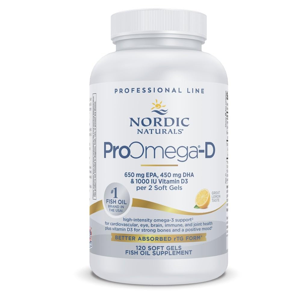 Nordic Naturals ProOmega-D, Lemon Flavor - 120 Zachte Gels - 1280 mg Omega-3 + 1000 IE D3 - High-Potency Fish Oil - EPA & DHA - Brain, Eye, Heart, & Immune Health - Non-GMO - 60 Servers