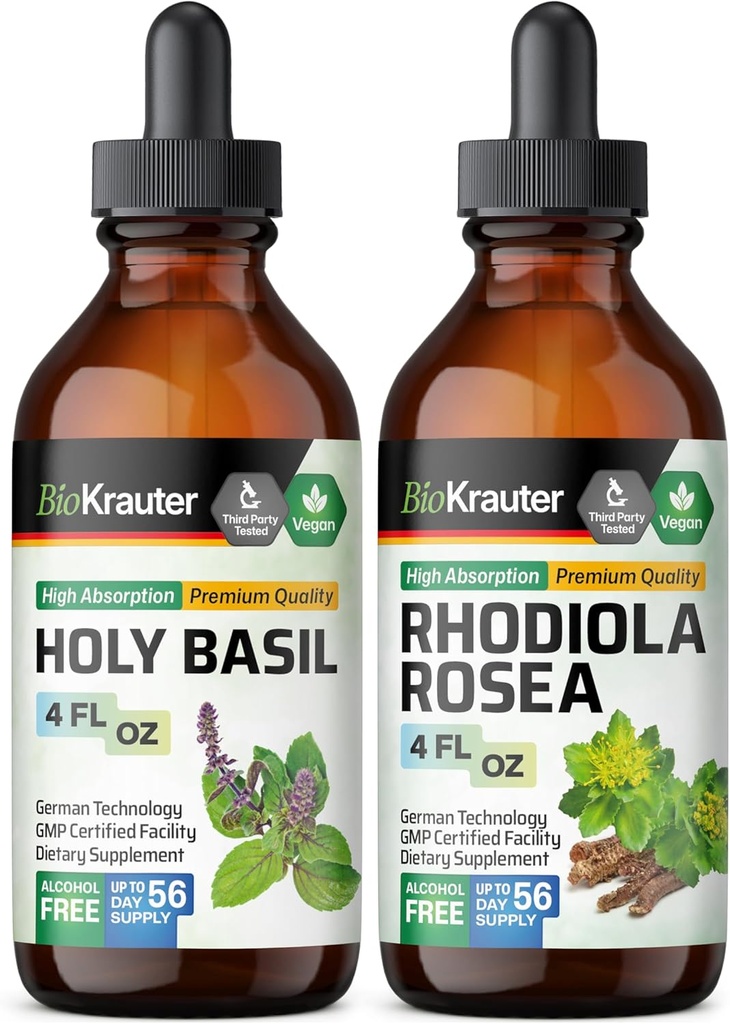 BIO KRAUTER Holy Basil Tinctuur 4 Fl. Oz. & Rhodiola Rosea Tinctuur 4 Fl. Oz.