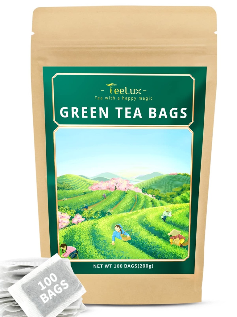 TeeLux Groene Theezakjes, Natuurlijke Pure Groene Thee, Super Antioxidant, Gecafeïneerd, 100 Tel theezakjes ter ondersteuning van de algehele gezondheid