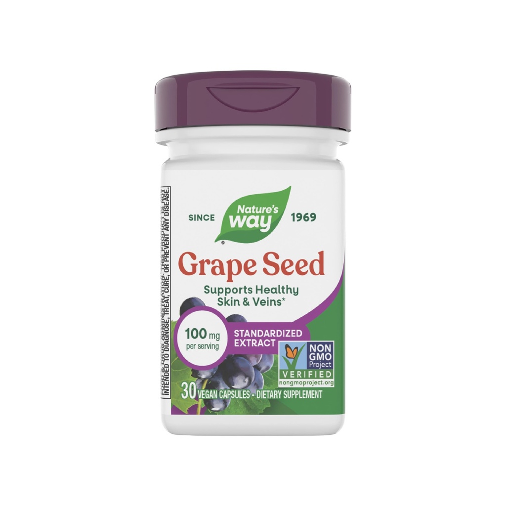 Nature's Way Grape Seed Standardized Extract, Ondersteunt Gezonde Huid en Veins*, Antioxidant Support*, Niet-GMO Project Geverifieerd, 30 Vegan Capsules (Verpakking mei Vary)