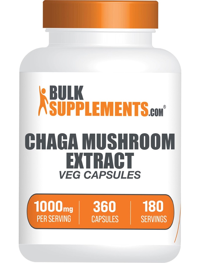 BulkSupplements.com Chaga Mushroom Extract Capsules - Chaga Extract, Chaga Paddestoelen - Vegan & Glutenvrij, 2 capsules per portie (1000mg), 360 Tellen (pakket van 1)