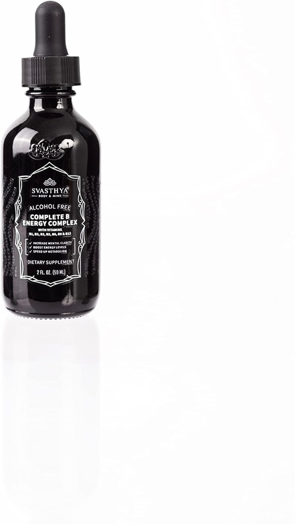 Svasthya Body & Mind B2 D3 Vitamine B Complex Liquid Supplement - Alle natuurlijke vloeibare B vitamines voor vrouwen, mannen en kinderen - Ultra krachtige druppels w/B-6, B-12-5000mcg, Sublingual & Vegan Friendly