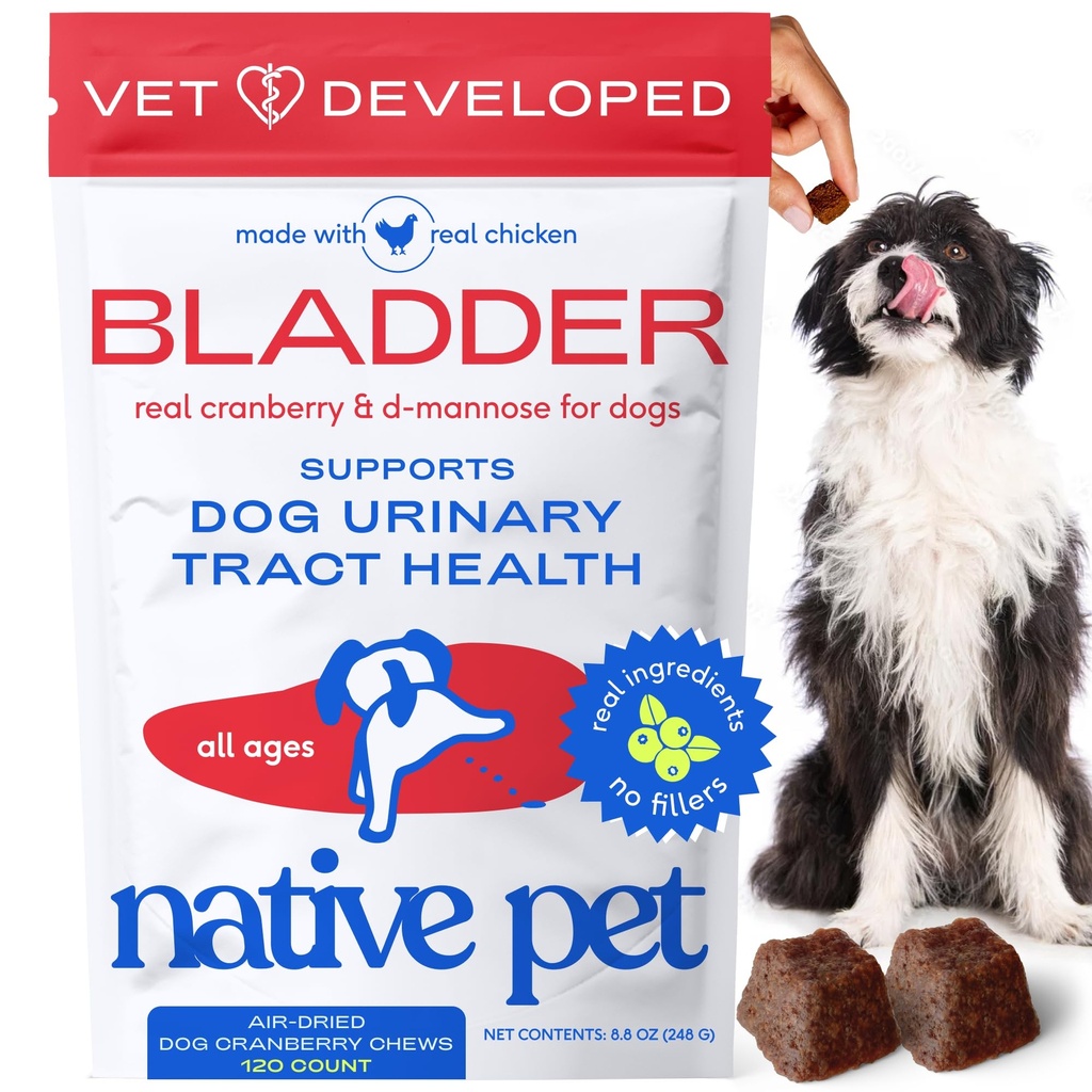 Native Pet Dog UTI Treatment - Cranberry Supplement for Dogs Bladder Control & Nierondersteuning - Voorkom urinetrekinfectie en urine-incontinentie - Gemaakt met Real Cranberry Extract - 120 Kauwen