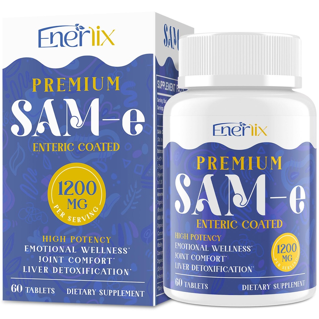 1200 MG SAM e Supplement voor Brain, Mood, Joint en Liver, High Absorptie SAM-e (S-Adenosyl-L-Methionine) met CoQ10, 5-HTP, Enteric Coated 60 Tablets, Vegan