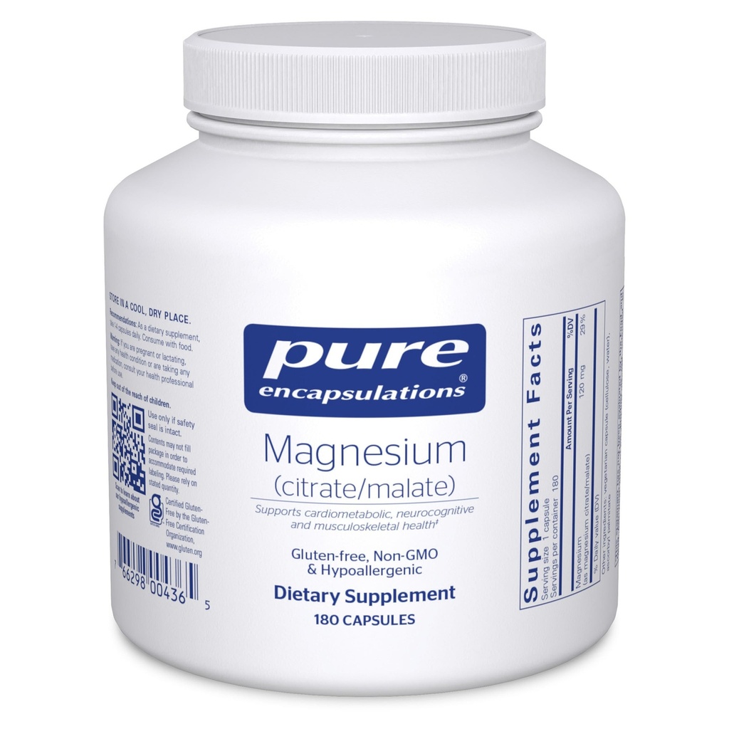 Pure Encapsulations Magnesium (Citraat/Malaat) - Magnesiumsupplement ter ondersteuning van Nutriëntgebruik, energie, botten en hartgezondheid* - met Magnesium citraat & Malate - 180 capsules