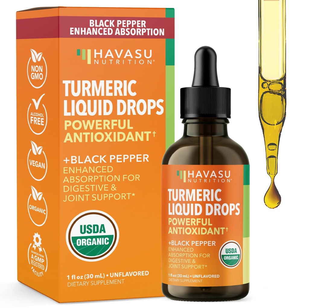 USDA Organic Turmeric Liquid Drops with Black Pepper - 1000mg Curcumin Supplement for Immune & Digestive Health - 30 Servings - Enhanced Absorptie - Non-GMO, Vegan, Gluten Free - Unflavored, 1 Fl Oz