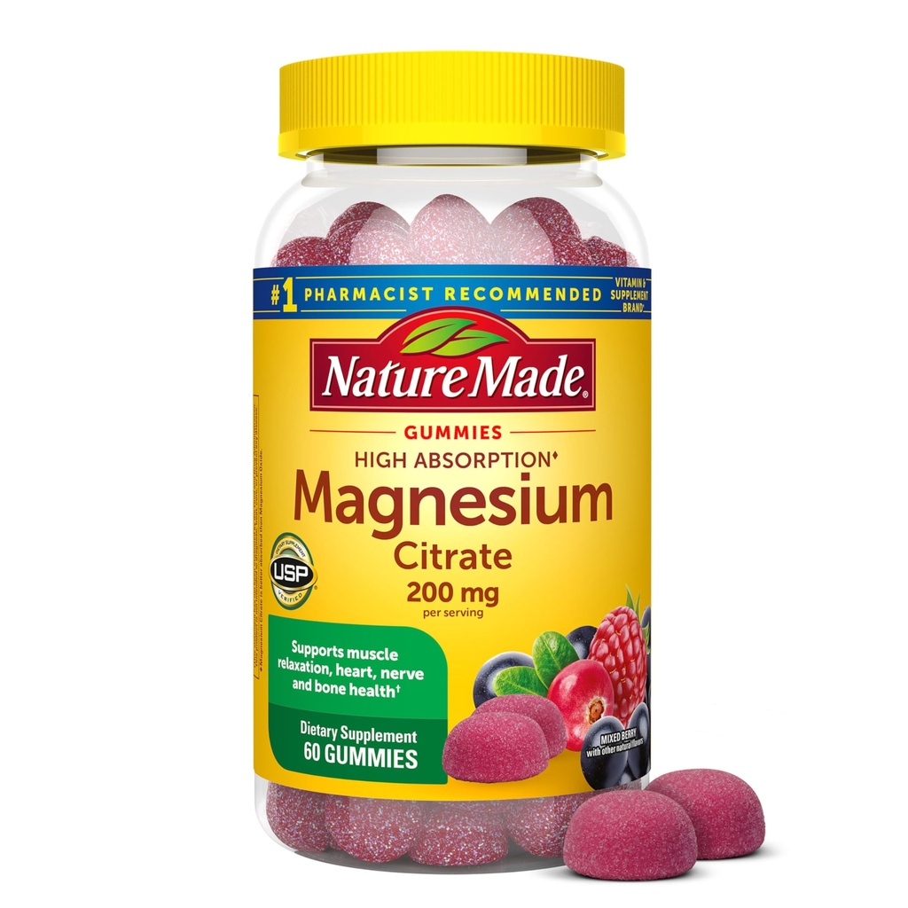 Nature Made High Absorptie Magnesium Citrate 200 mg per portie, Magnesium Supplement voor Spier, Zenuw, Bot en Hart Ondersteuning, 60 Magnesium Gummies, 30 Day Supply