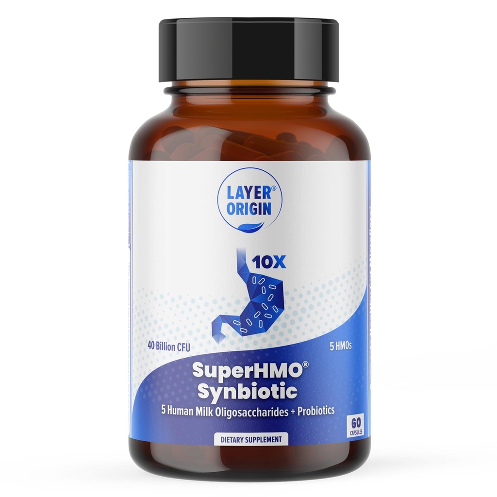 Laag Oorsprong SuperHMO: Synbiotische Capsules met 5 HMO Prebiotica & 40 miljard CFU Probiotica, 60 Tel.