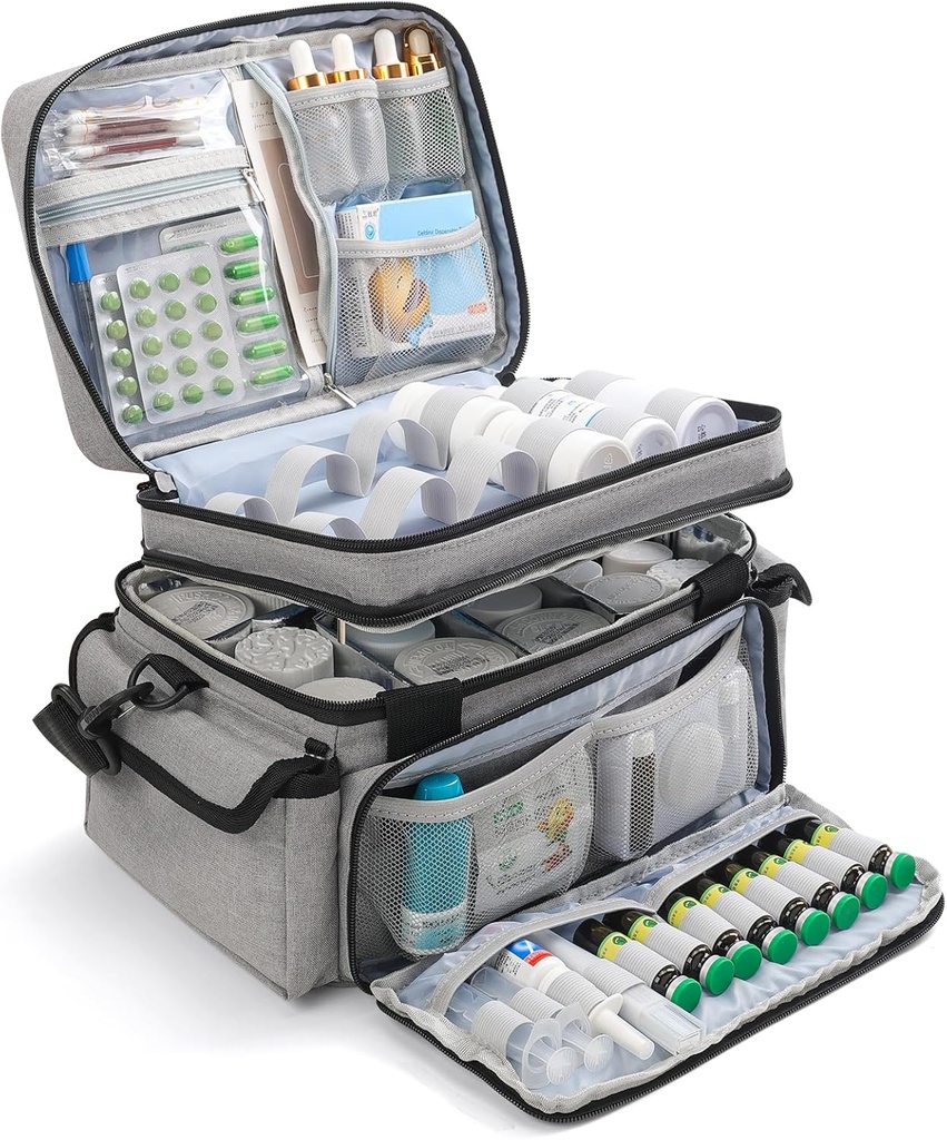 Medicine Organizer met verstelbare divider, Double-Layer Medicine Fles Organizer Opslag, Portable Home Health EHBO Bag, Medicine Organizer Box voor Noodmedicijnen (Alleen Bag)