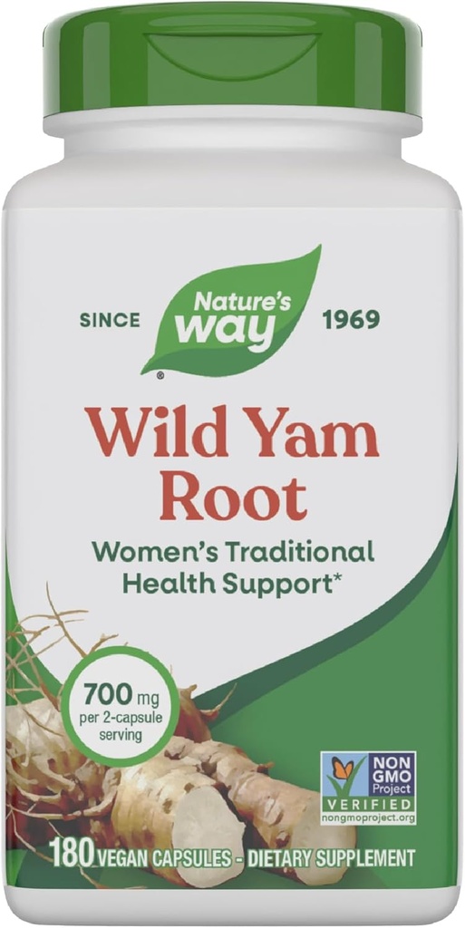 Nature's Way Wild Yam Root, Women's Traditional Health Support*, 700 mg per 2-Capsule Serving, Non-GMO Project Verified, 180 Vegan Capsules (Verpakking mei Vary)