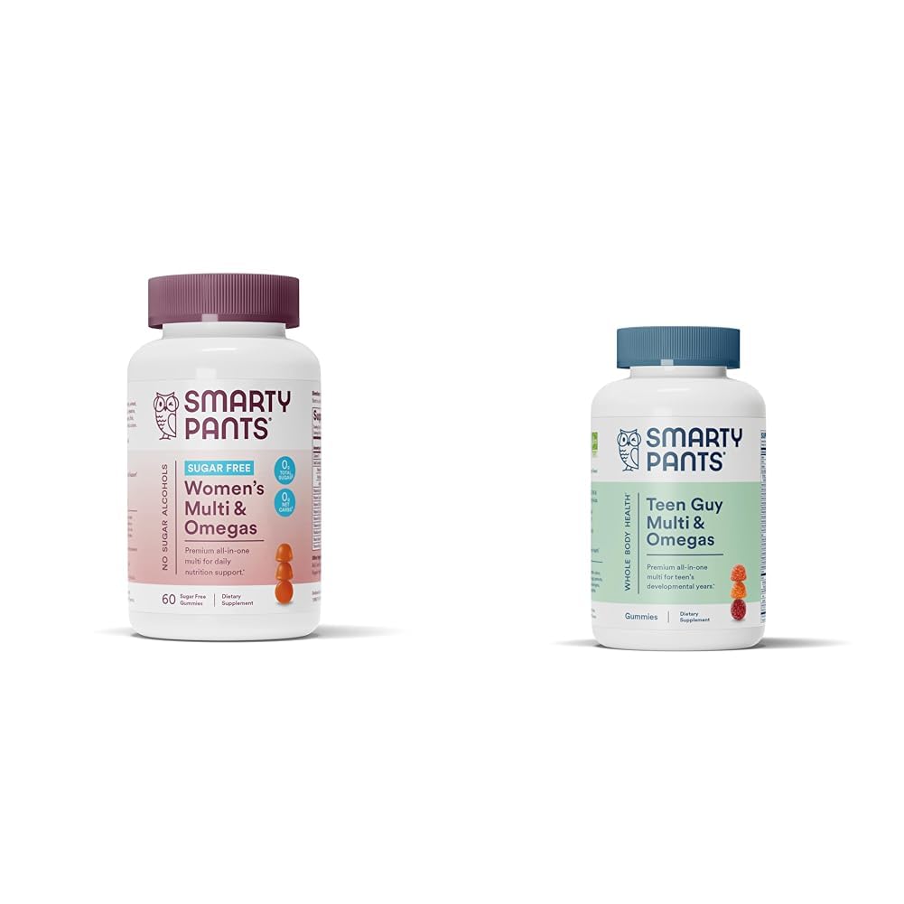 SmartyPants Women's Multivitamin Gummies, Sugar Free: Biotin, Methylfolate, Omega 3 (ALA), Vitamin D & Teen Guy Multivitamin Gummies: Omega 3 Fish Oil (EPA/DHA), Vitamin D3, C, Vitamin B12, B6