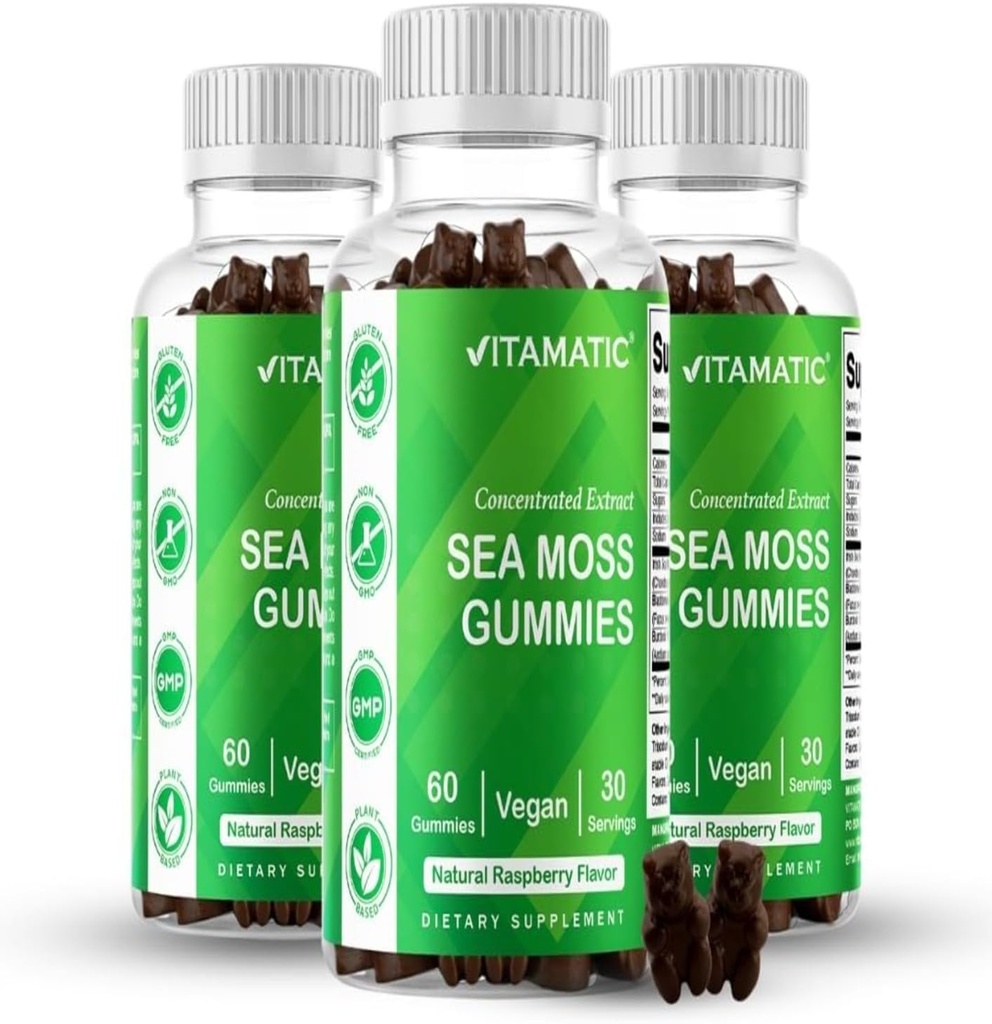 Vitamatic 3 Pack Irish Sea Moss Gummies- 3000mg Equivalent per portie (uit Extract 132,5 mg) - 60 Ct - Made with Bladderwrack & Burdock Root - Seamoss Supplement for Thyroid, Energy, Immune Support