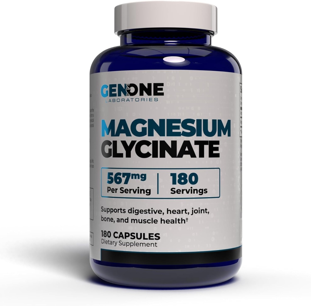 GenOne Magnesium Glycinate Capsules - Verbeterde absorptie voor bot- en geestelijke ondersteuning - Zacht op maag 567 mg per portie - 180 Tel.