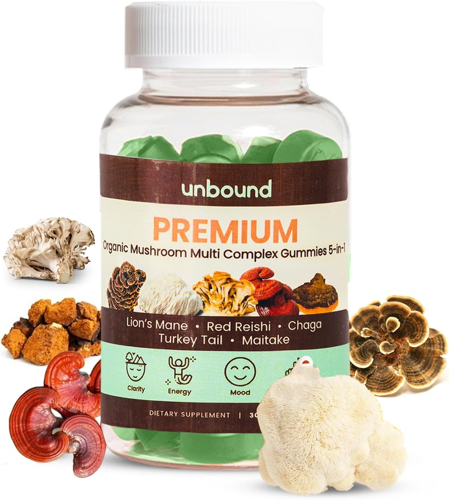 Niet geconsolideerd Premium Biologische Paddenstoelen Multi-Complex Gummies for Support Memory 5 in 1, Blend with Chaga, Lion's Mane, Reishi, Turkije Tail, Maitake - 60 Gummies,